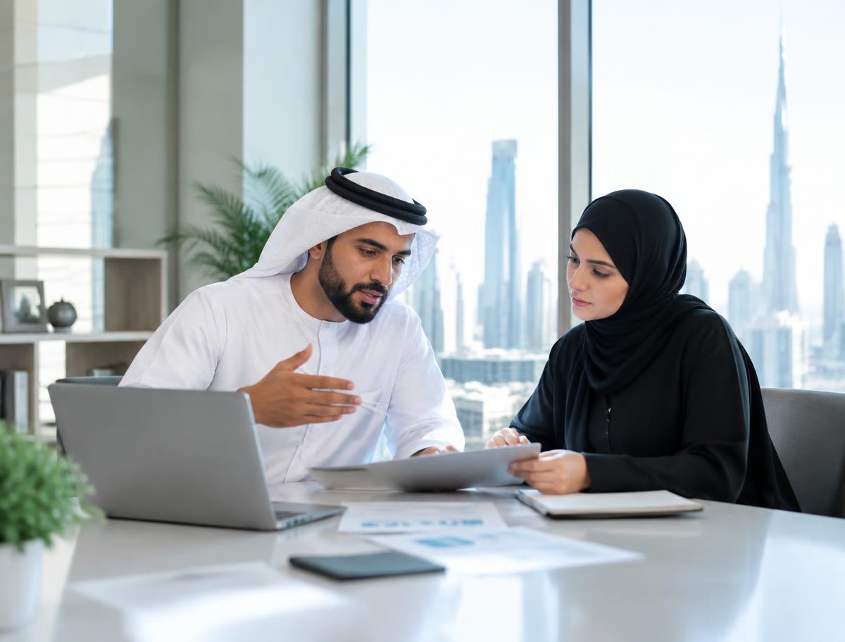 Business leaders reviewing a strategy plan in a UAE office